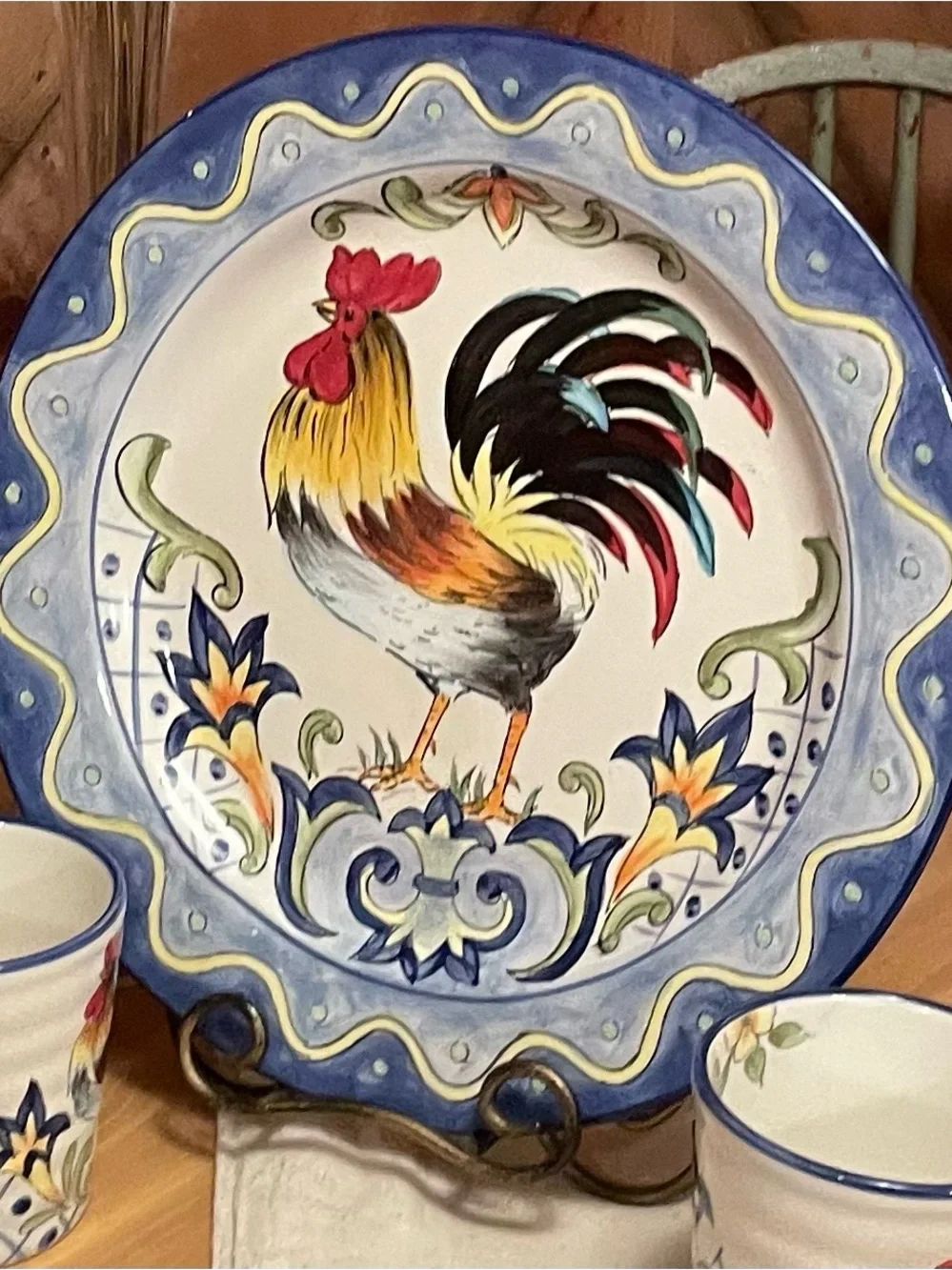 Hand-Painted Rooster Ceramic Dinner Plate - Blue Accent